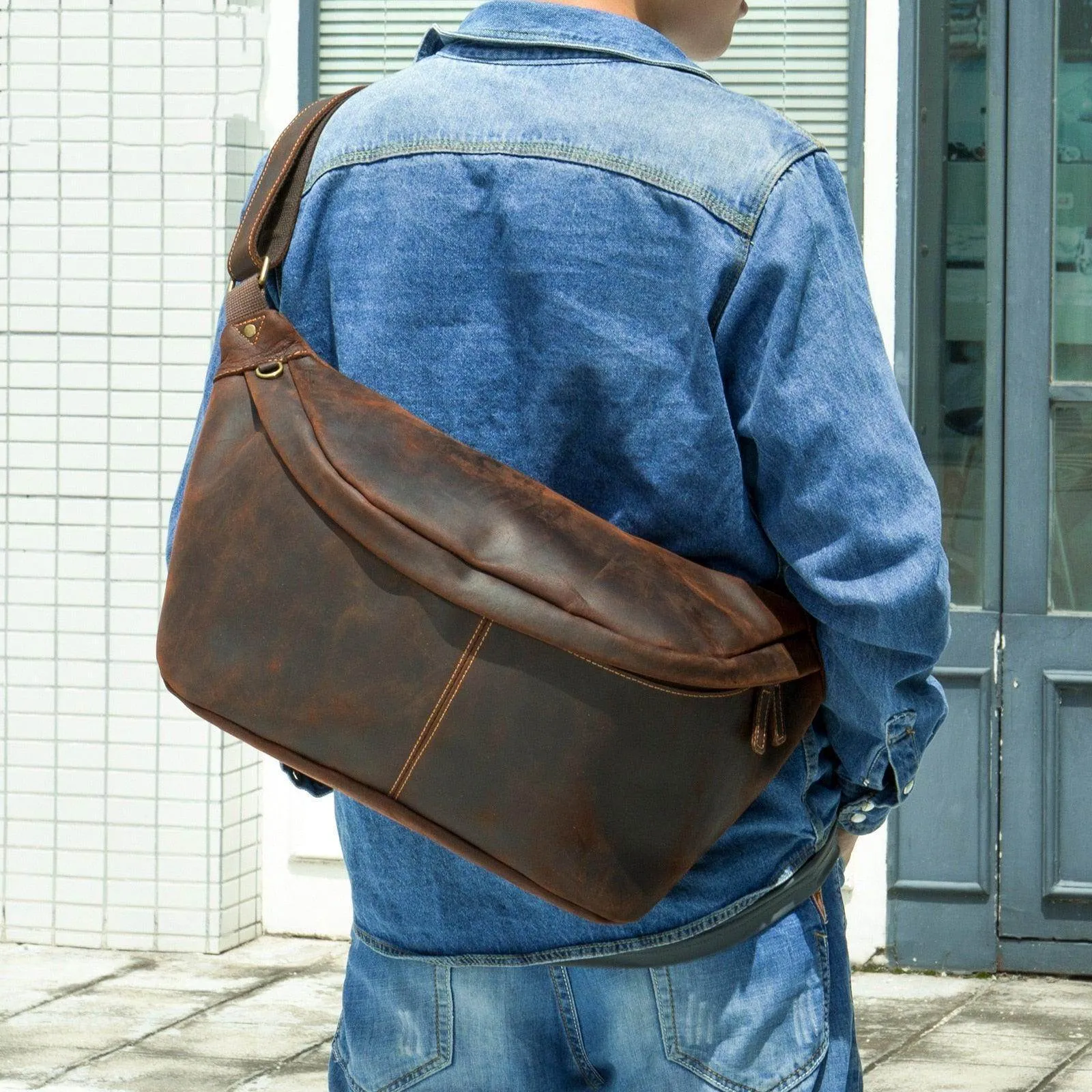 Vintage Crazy Horse Leather Waist Bag Hands-Free Travel