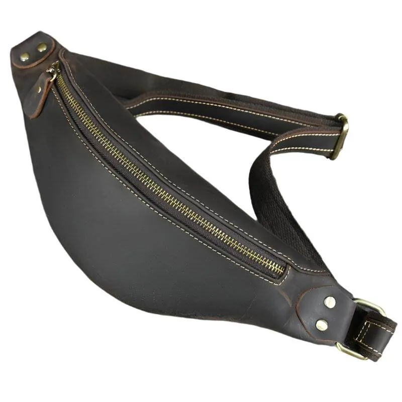 Vintage Crazy Horse Leather Waist Bag Hands-Free Travel