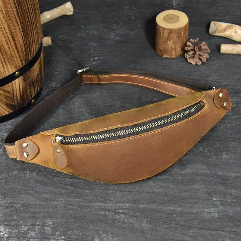 Vintage Crazy Horse Leather Waist Bag Hands-Free Travel