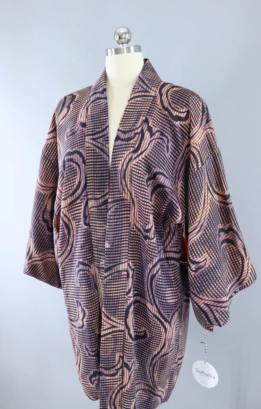 Vintage Kimono Cardigan Jacket / Blue and Pink Gingham