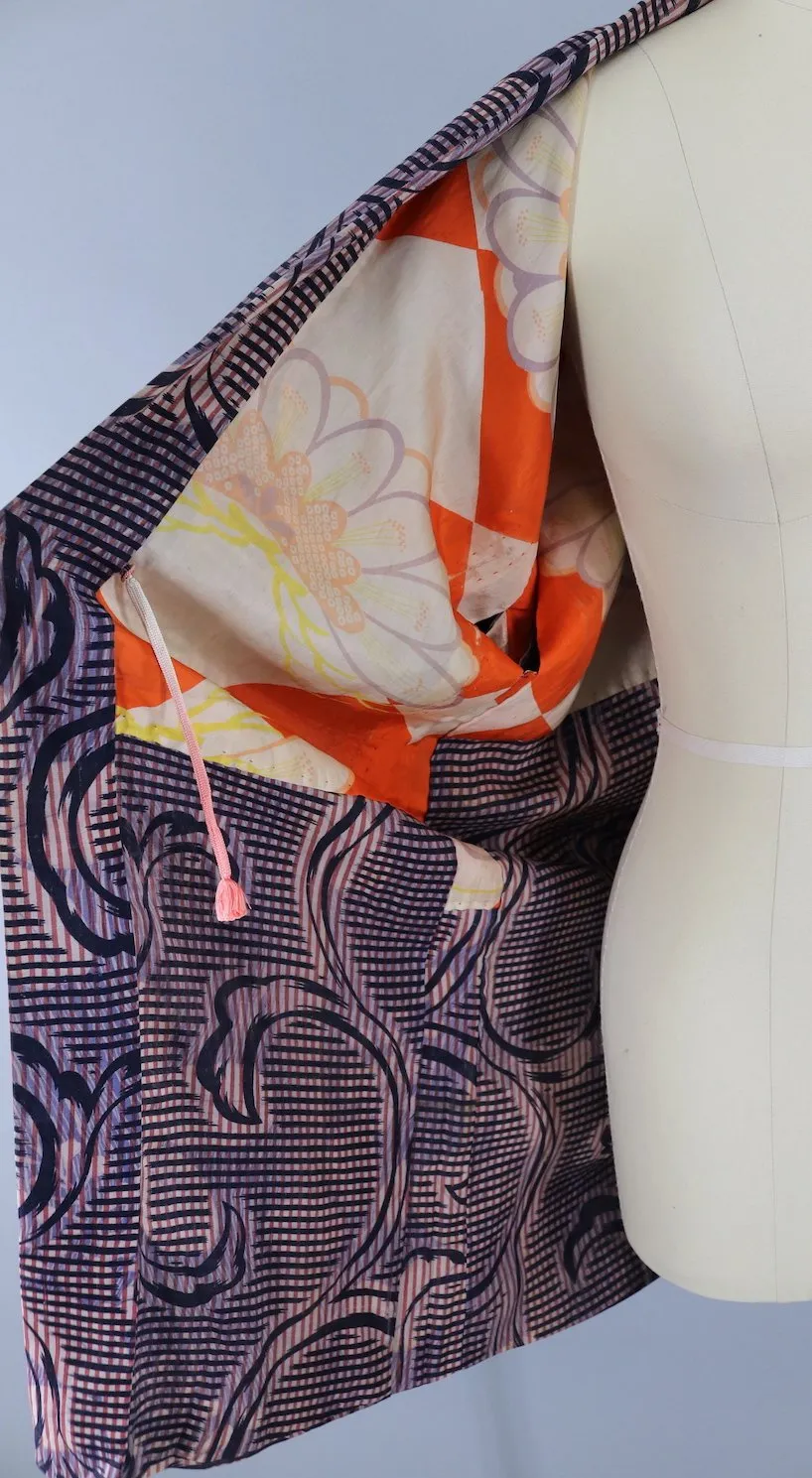 Vintage Kimono Cardigan Jacket / Blue and Pink Gingham