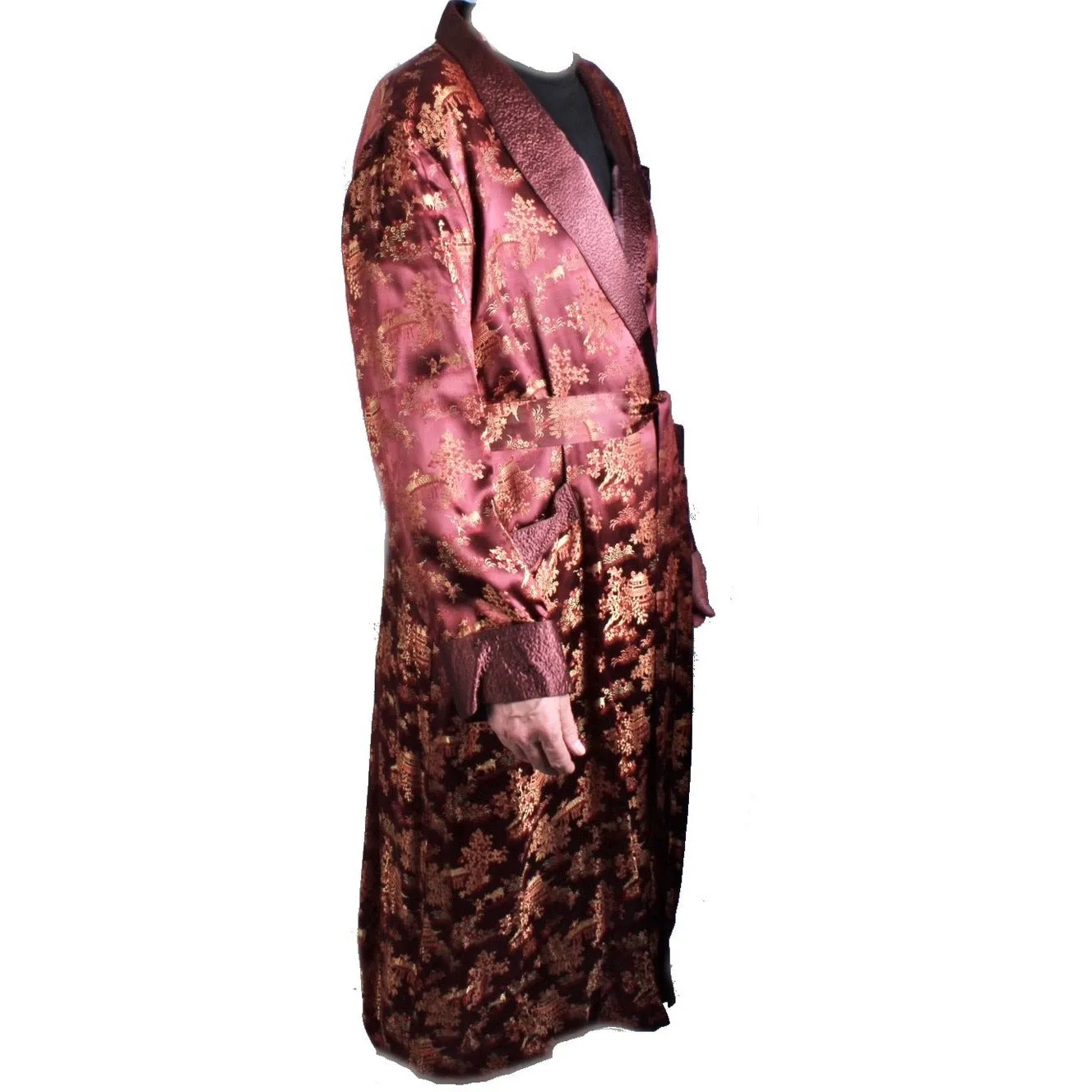 Vintage Mens Rayon Damask Robe Asian 1940s L XL Maroon Gold WW2