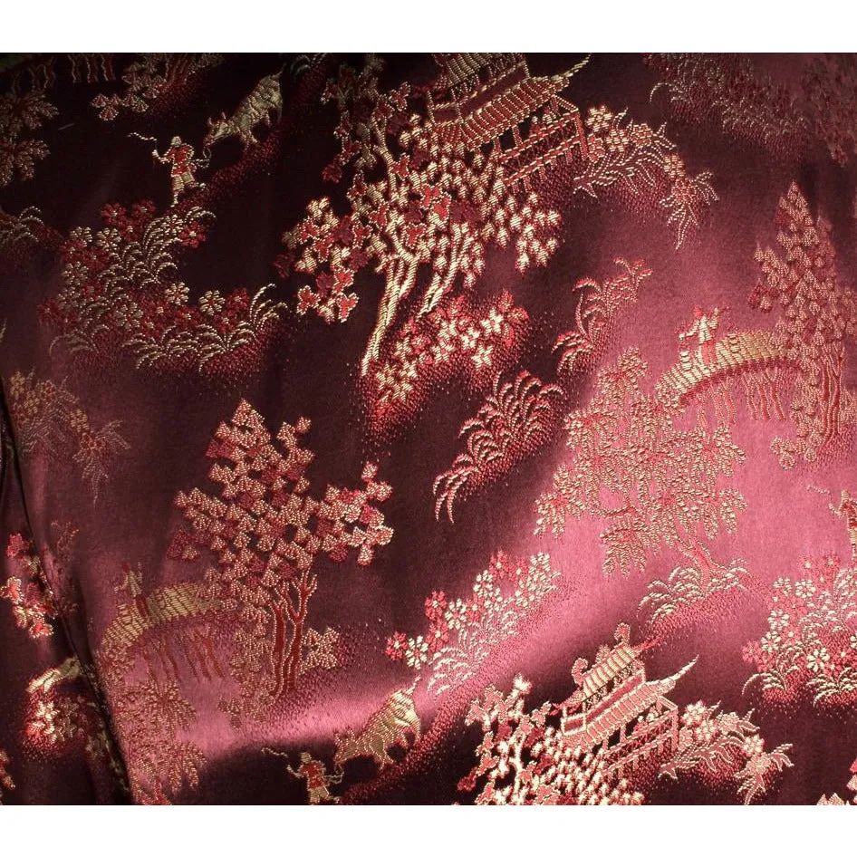 Vintage Mens Rayon Damask Robe Asian 1940s L XL Maroon Gold WW2