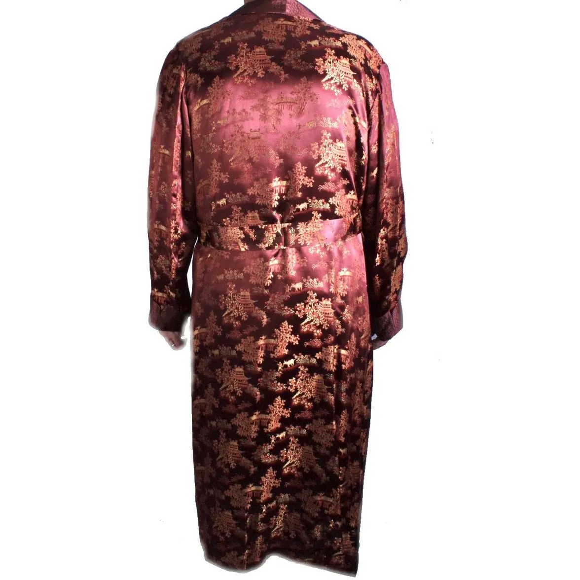 Vintage Mens Rayon Damask Robe Asian 1940s L XL Maroon Gold WW2
