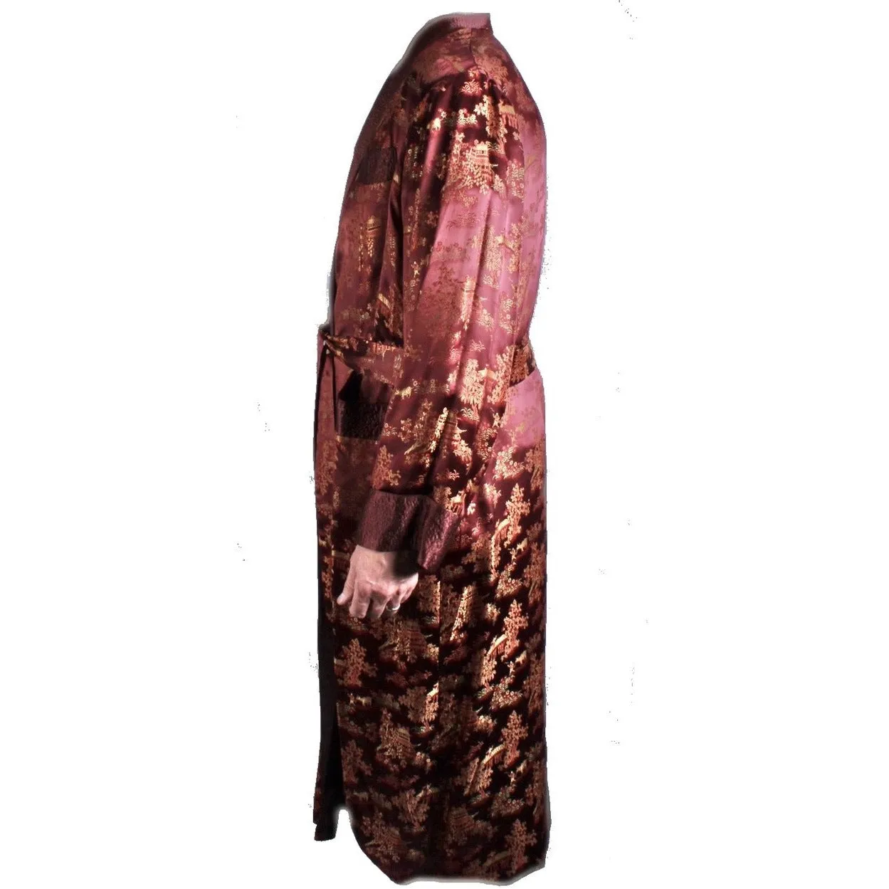 Vintage Mens Rayon Damask Robe Asian 1940s L XL Maroon Gold WW2
