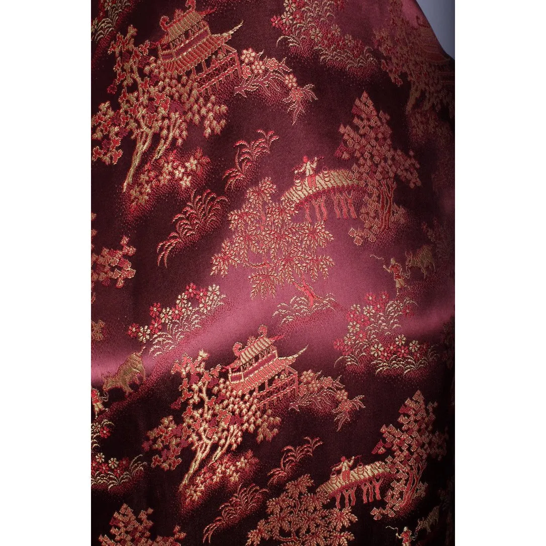 Vintage Mens Rayon Damask Robe Asian 1940s L XL Maroon Gold WW2