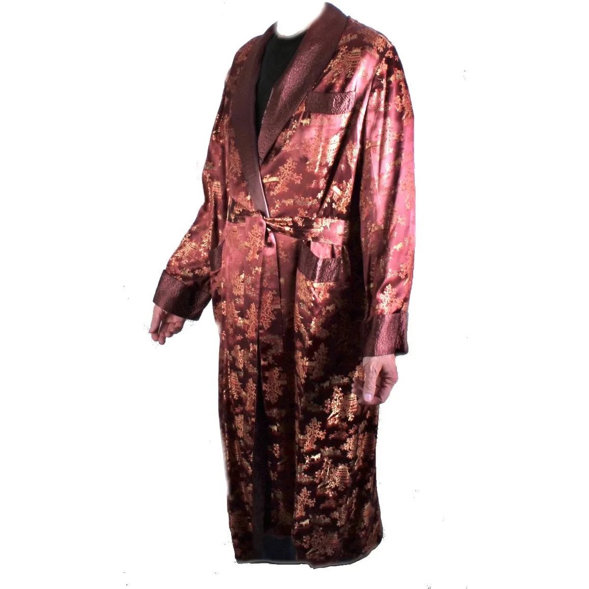 Vintage Mens Rayon Damask Robe Asian 1940s L XL Maroon Gold WW2