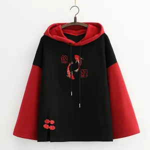 Vintage Red Fish Letter Embroidery Hoodie C19636