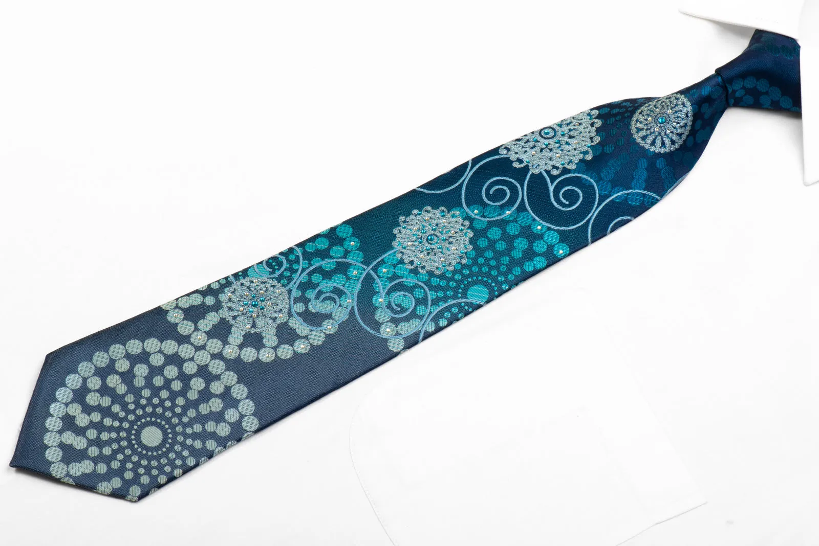 Vito Rufolo Rhinestone Silk Tie Geometric Medallions On Blue With Sparkles