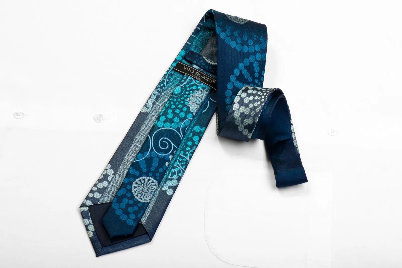 Vito Rufolo Rhinestone Silk Tie Geometric Medallions On Blue With Sparkles