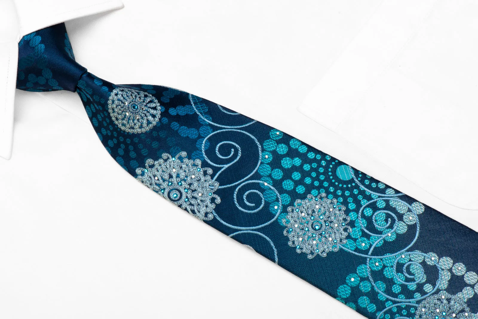 Vito Rufolo Rhinestone Silk Tie Geometric Medallions On Blue With Sparkles