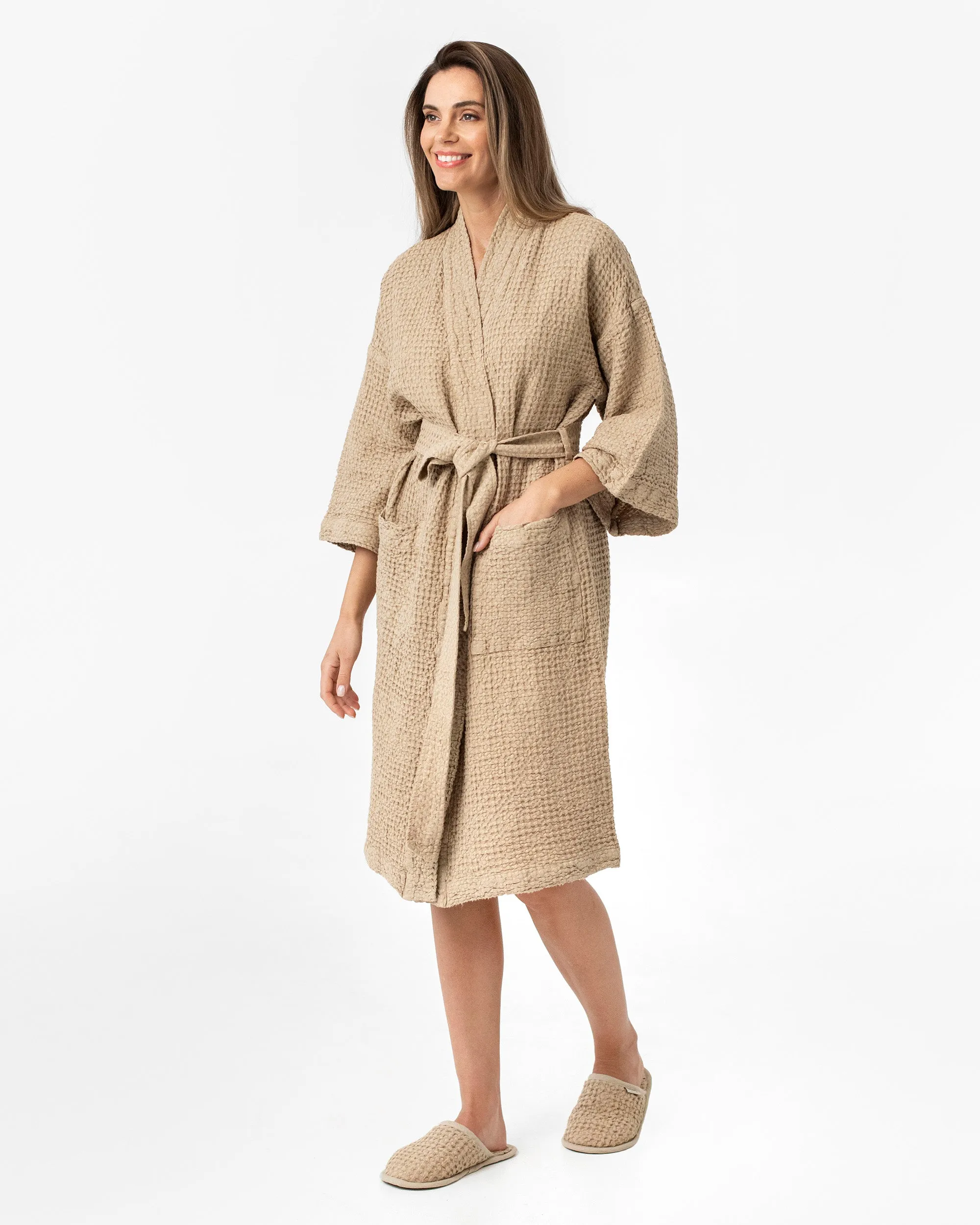 Waffle linen unisex slippers in Beige