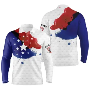 Watercolor American Flag 3D Long Sleeve Polo Shirts Customized Wet Paint Golf Polos