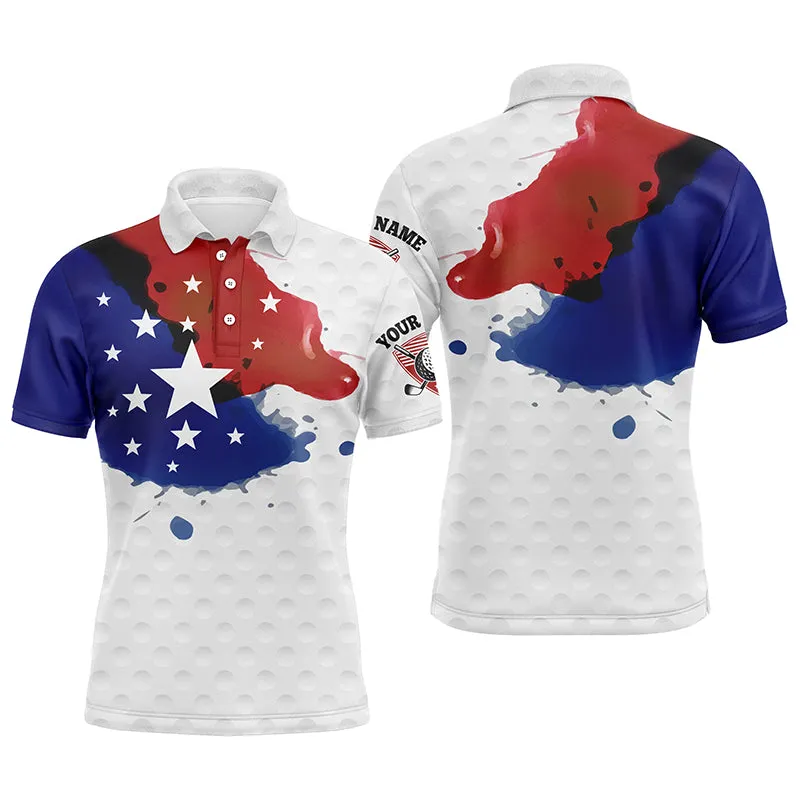Watercolor American Flag 3D Long Sleeve Polo Shirts Customized Wet Paint Golf Polos