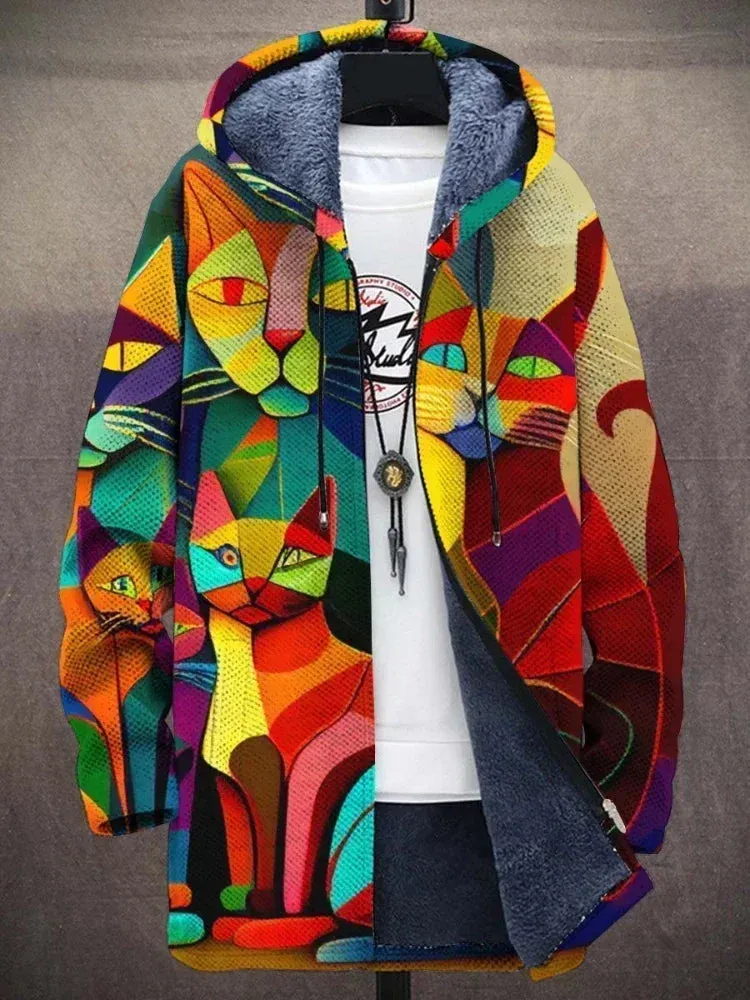 Wayne – Unisex Vibrant Cat-Print Hoodie with Warm Fleece Lining and Artistic Design