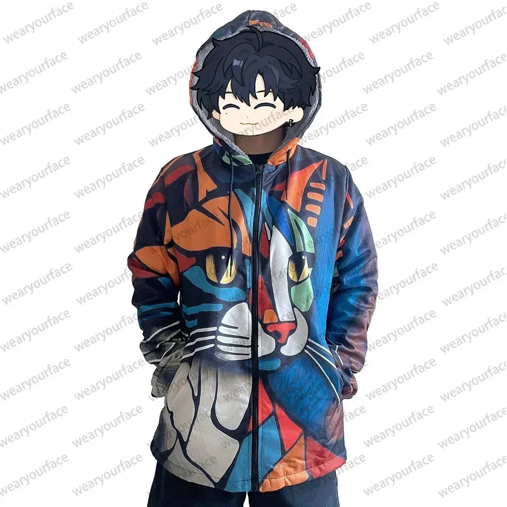 Wayne – Unisex Vibrant Cat-Print Hoodie with Warm Fleece Lining and Artistic Design