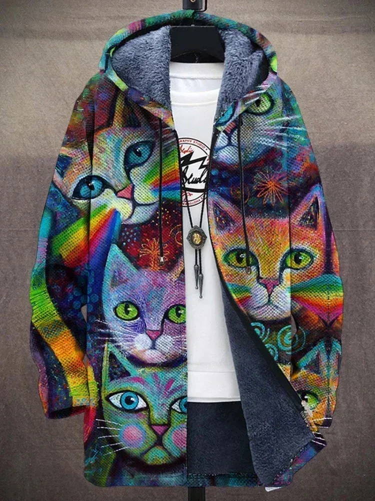 Wayne – Unisex Vibrant Cat-Print Hoodie with Warm Fleece Lining and Artistic Design