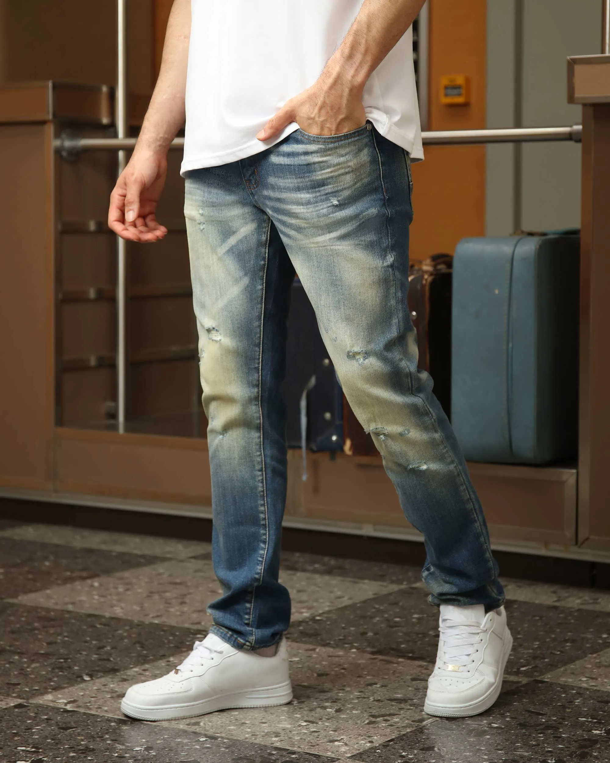 Whiskered Distressed Straight Blue Ripped Jeans-Mexico Local Delivery