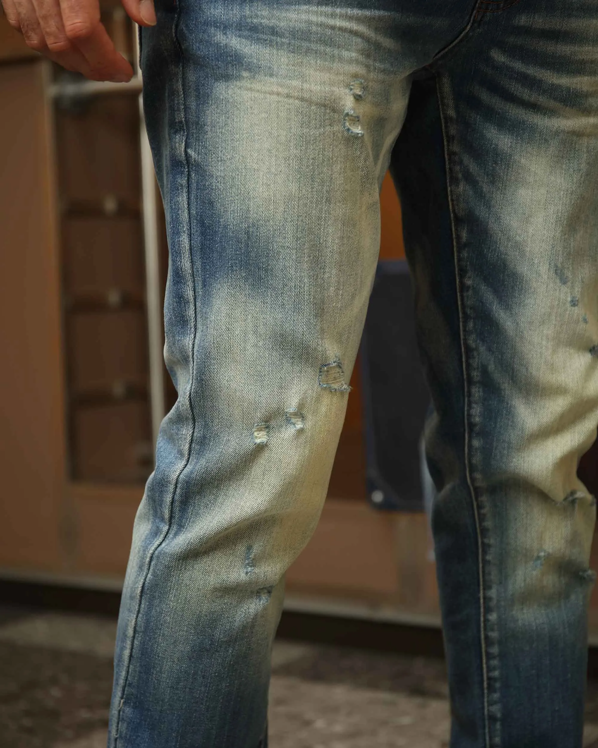 Whiskered Distressed Straight Blue Ripped Jeans-Mexico Local Delivery