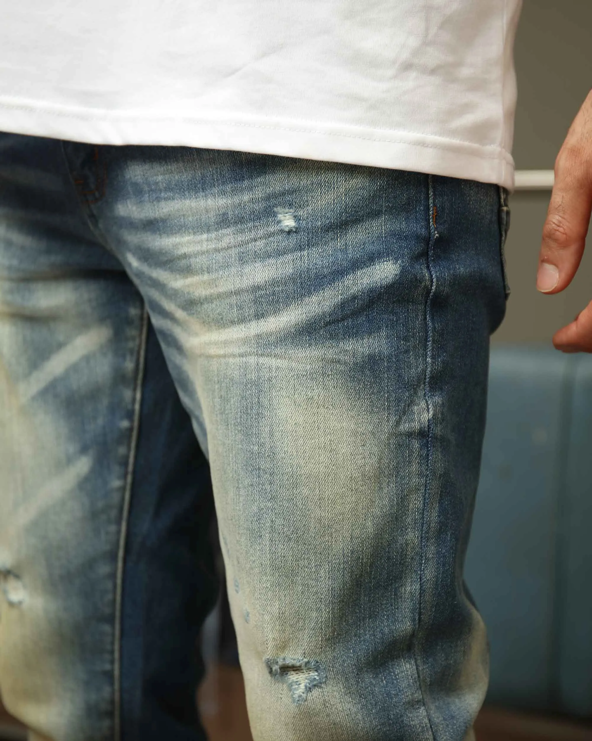 Whiskered Distressed Straight Blue Ripped Jeans-Mexico Local Delivery