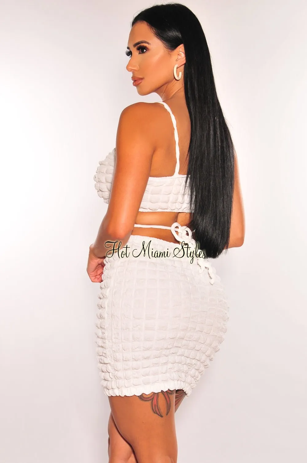 White Bubble Textured Spaghetti Strap Tie Up Skirt Two Piece Set