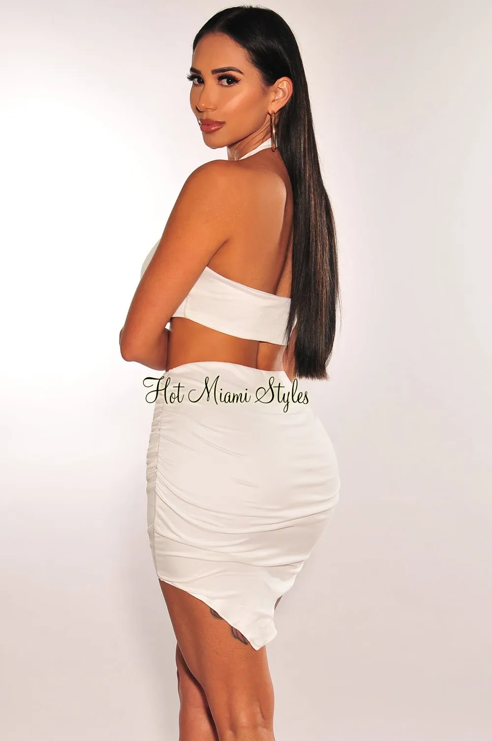 White Halter Gold Ring Ruched Asymmetrical Mini Skirt Two Piece Set