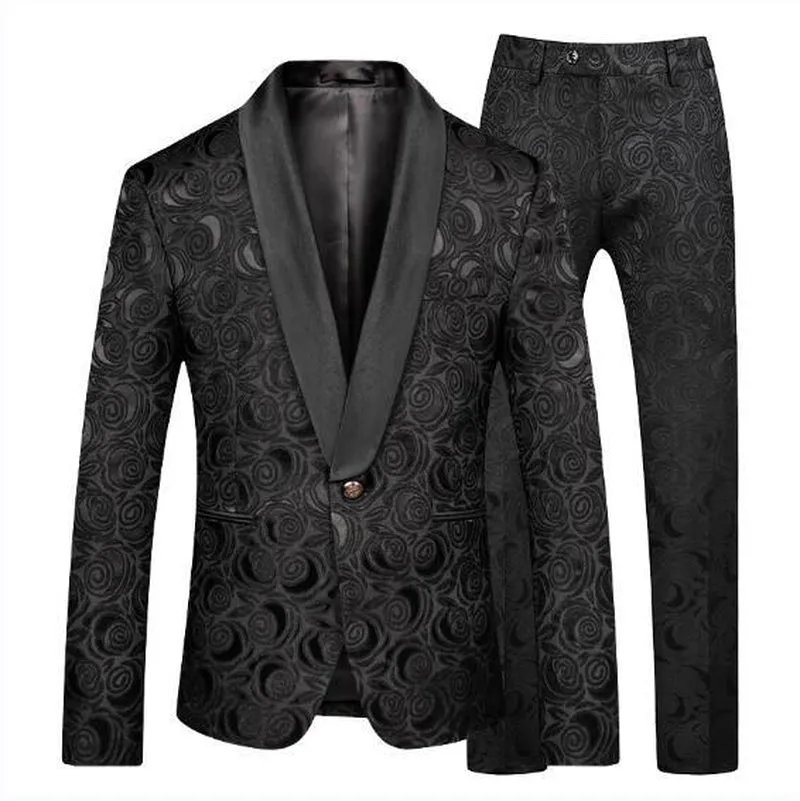 White Rose Pattern Slim Fit Two-Piece Suit