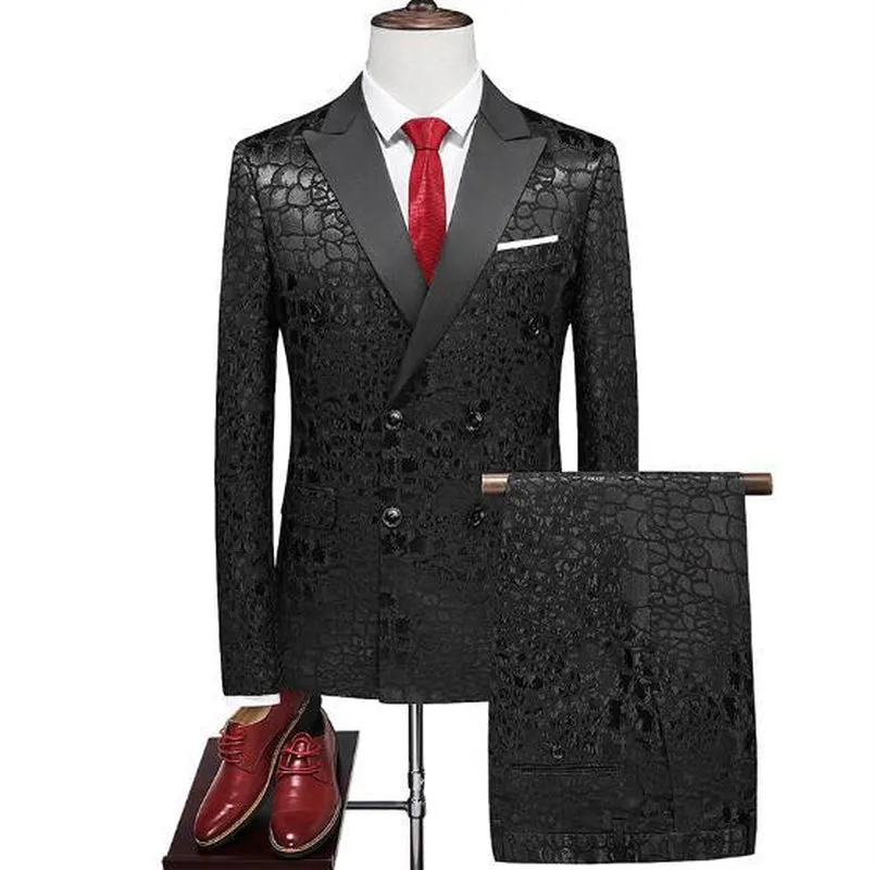 White Rose Pattern Slim Fit Two-Piece Suit
