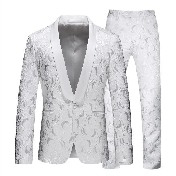 White Rose Pattern Slim Fit Two-Piece Suit