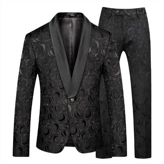 White Rose Pattern Slim Fit Two-Piece Suit