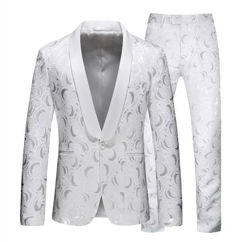 White Rose Pattern Slim Fit Two-Piece Suit