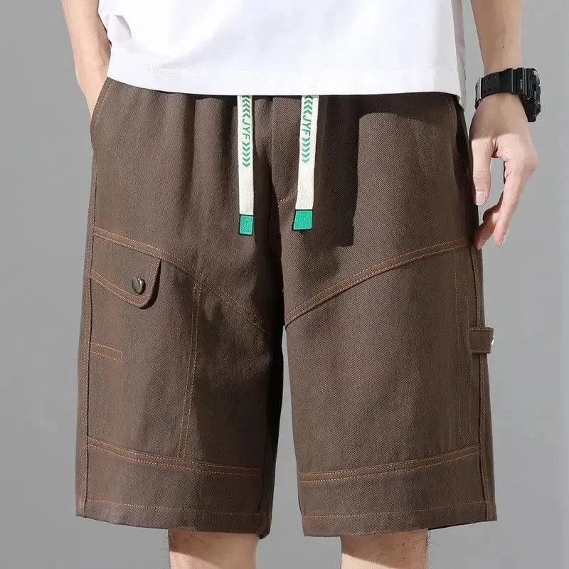 Wiaofellas  -  Fashion Elastic Spliced Straight Cargo Denim Shorts Men's Clothing Summer New Loose Korean High Waist Knee Casual Shorts