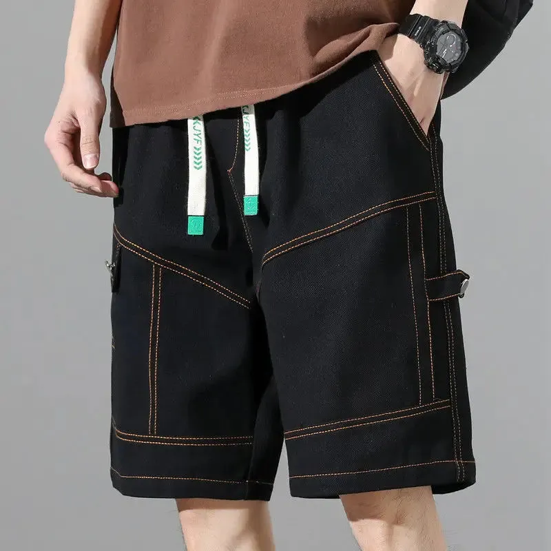 Wiaofellas  -  Fashion Elastic Spliced Straight Cargo Denim Shorts Men's Clothing Summer New Loose Korean High Waist Knee Casual Shorts
