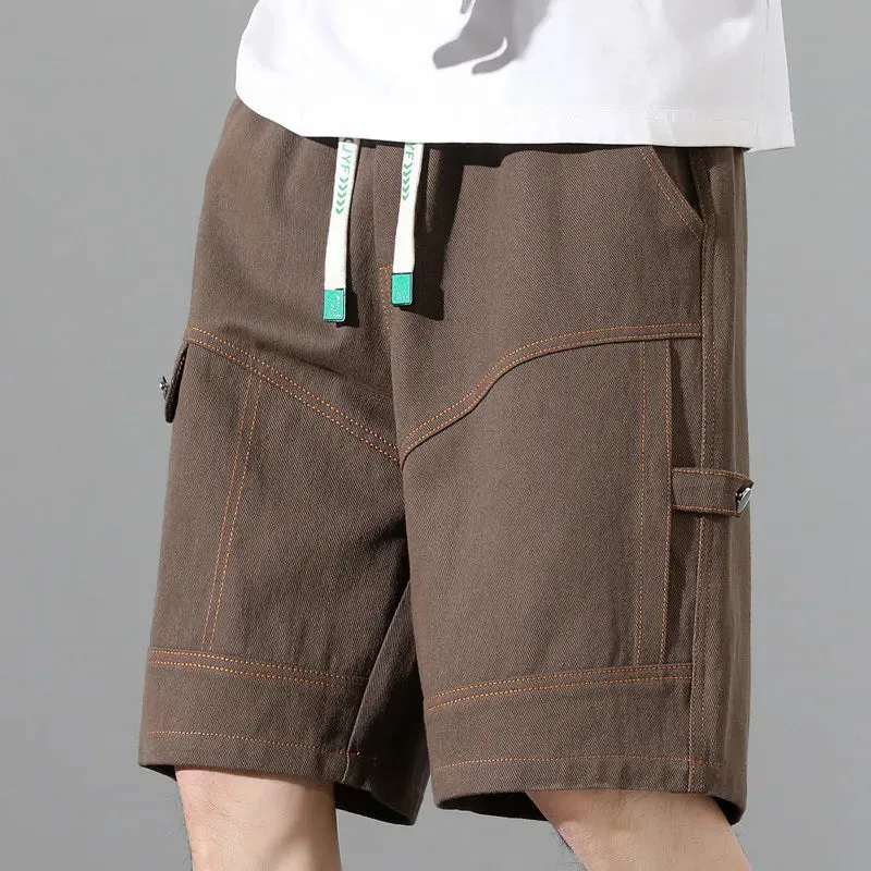 Wiaofellas  -  Fashion Elastic Spliced Straight Cargo Denim Shorts Men's Clothing Summer New Loose Korean High Waist Knee Casual Shorts