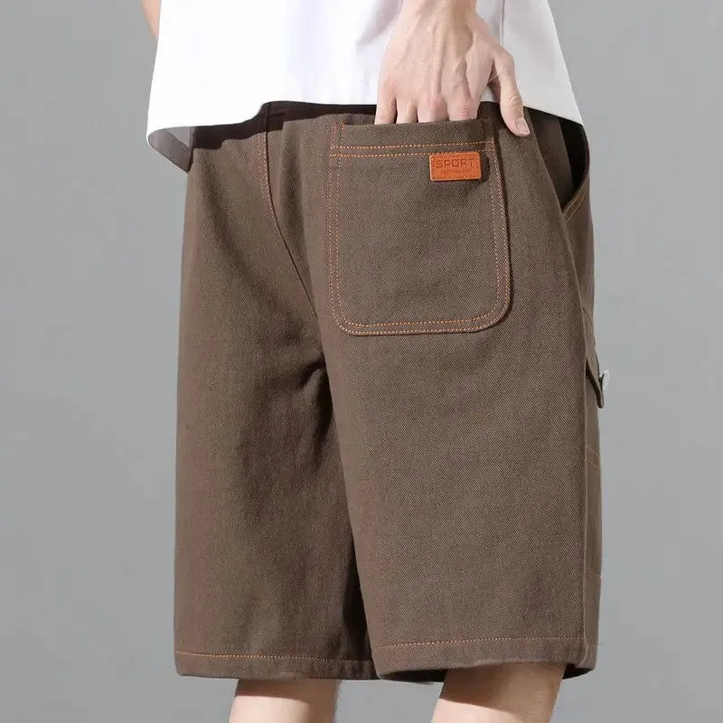 Wiaofellas  -  Fashion Elastic Spliced Straight Cargo Denim Shorts Men's Clothing Summer New Loose Korean High Waist Knee Casual Shorts