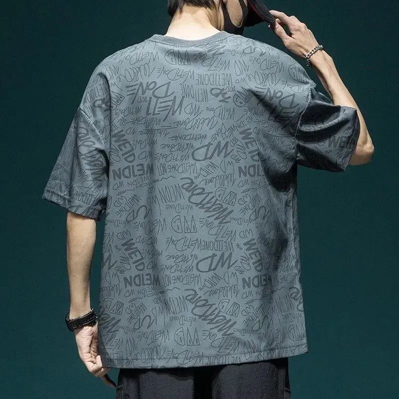 Wiaofellas -  Fashion O-Neck Spliced Loose Printed Letter T-Shirts Men's Clothing  Summer New Oversized Casual Tops All-match Tee Shirt