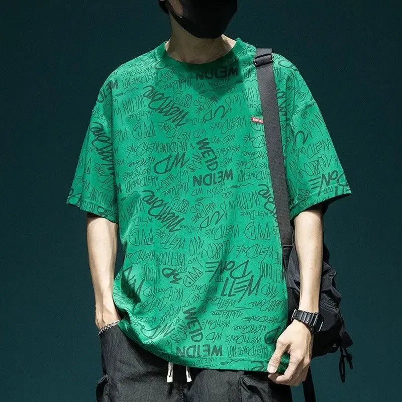 Wiaofellas -  Fashion O-Neck Spliced Loose Printed Letter T-Shirts Men's Clothing  Summer New Oversized Casual Tops All-match Tee Shirt