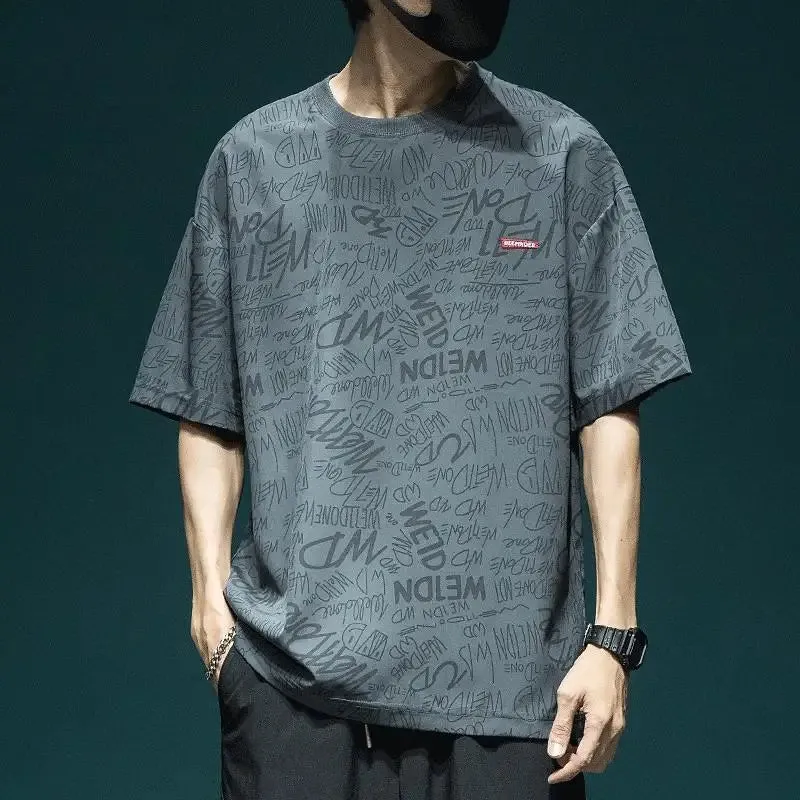 Wiaofellas -  Fashion O-Neck Spliced Loose Printed Letter T-Shirts Men's Clothing  Summer New Oversized Casual Tops All-match Tee Shirt