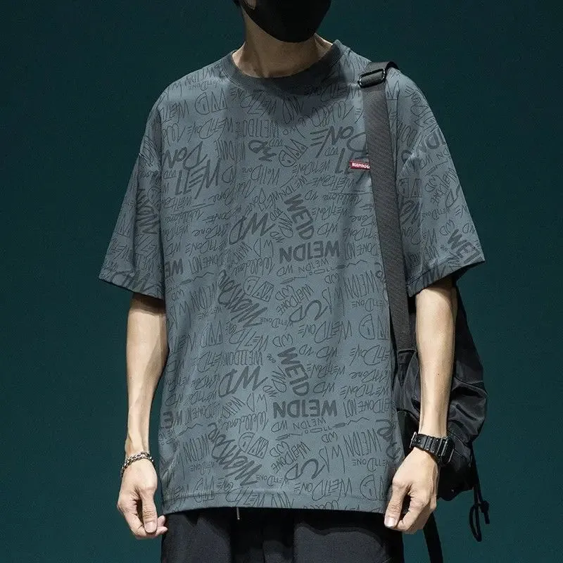 Wiaofellas -  Fashion O-Neck Spliced Loose Printed Letter T-Shirts Men's Clothing  Summer New Oversized Casual Tops All-match Tee Shirt
