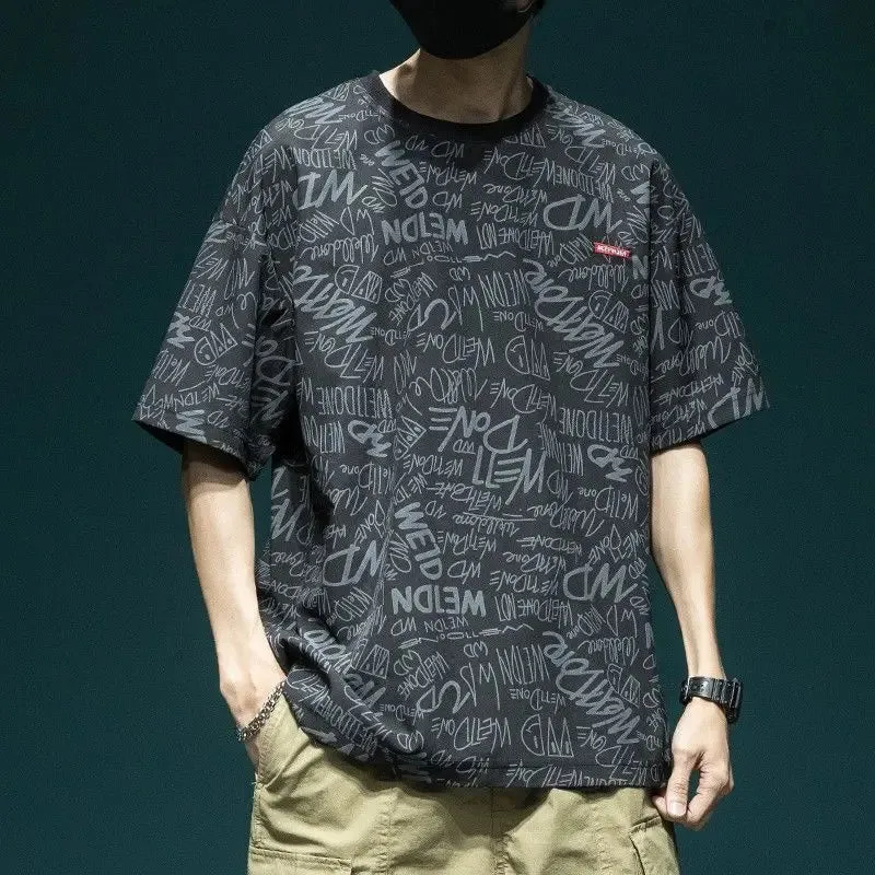 Wiaofellas -  Fashion O-Neck Spliced Loose Printed Letter T-Shirts Men's Clothing  Summer New Oversized Casual Tops All-match Tee Shirt