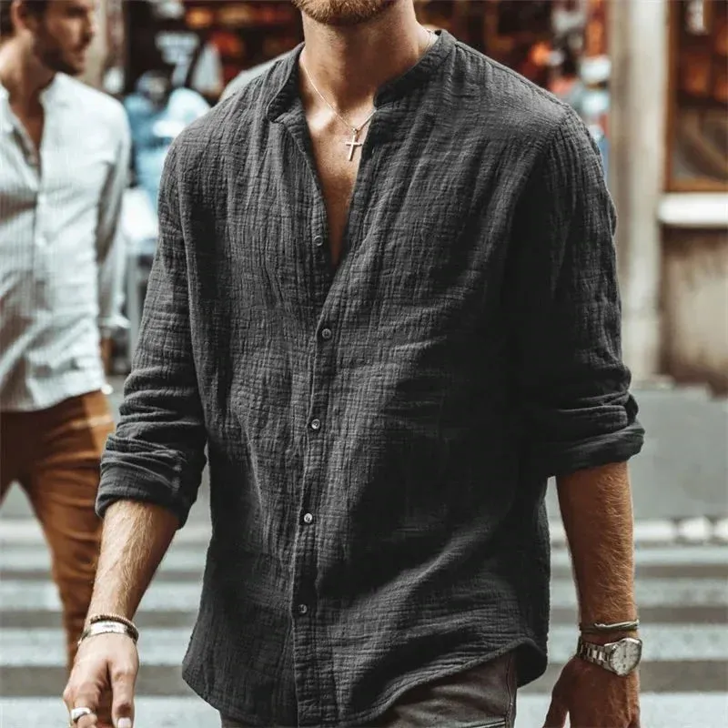 Wiaofellas  -  Men Clothing Spring Men's Shirts Loose Cotton Linen Solid Long Sleeve Stand Collar Button Retro Shirt for Male Blouse