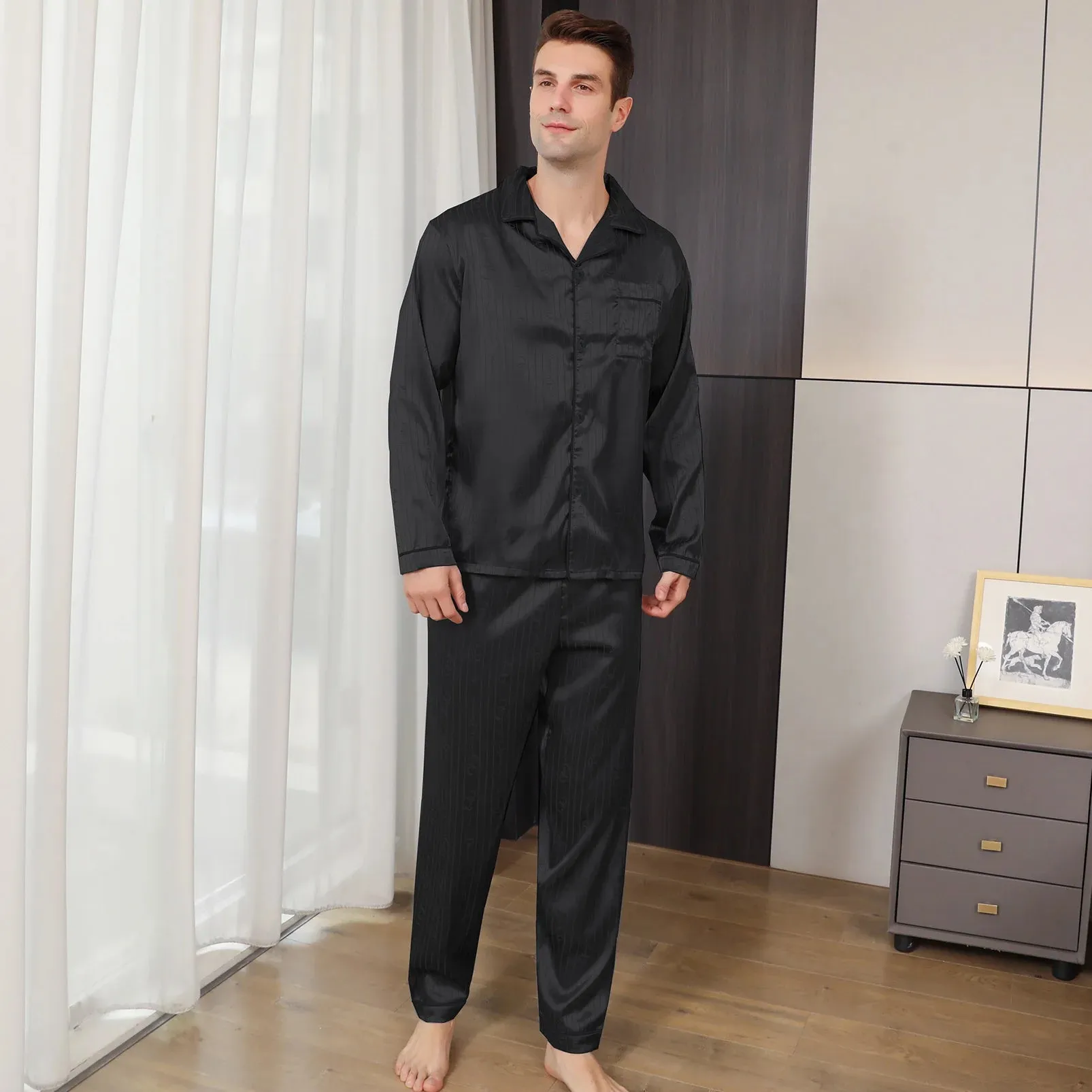 WIAOFELLAS -  Men's pajamas long sleeves summer ice beautiful home clothes men's spring and autumn casual thin cardigan can wear out two suits