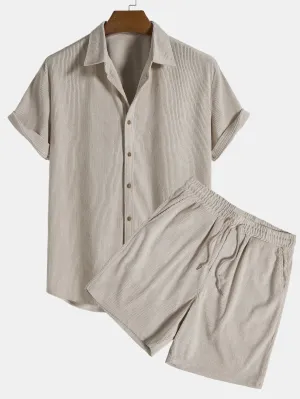 Wiaofellas   -  New Men's Short Sets 2 Piece Outfits Short Sleeved Corduroy Button Up Shirt and Shorts Fashion Summer Tracksuits Casual Set
