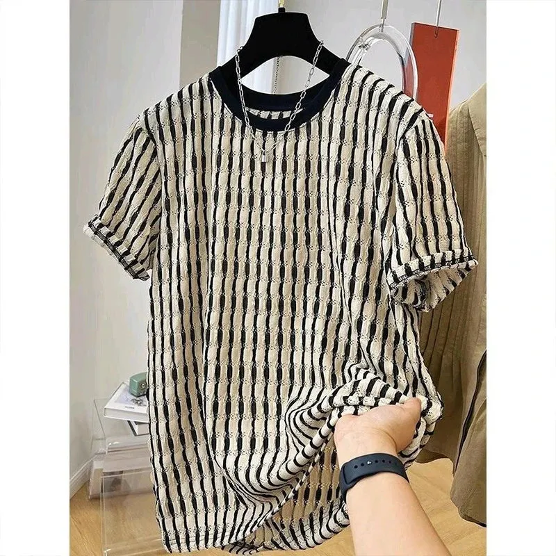 Wiaofellas  -  Summer Men's Clothing Luxury Korean Popular Textured O Collar T-shirt Streetwear Leisure Short Sleeve Solid Color Retro Fashion