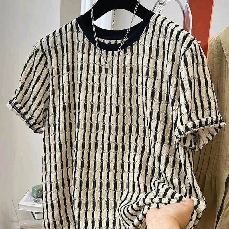 Wiaofellas  -  Summer Men's Clothing Luxury Korean Popular Textured O Collar T-shirt Streetwear Leisure Short Sleeve Solid Color Retro Fashion