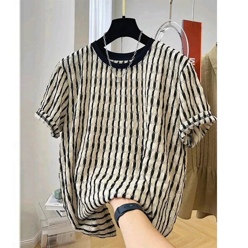 Wiaofellas  -  Summer Men's Clothing Luxury Korean Popular Textured O Collar T-shirt Streetwear Leisure Short Sleeve Solid Color Retro Fashion