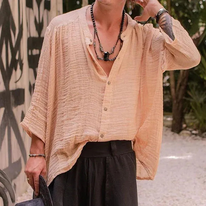 Wiaofellas  -  Vintage Men's Shirt Cotton Linen Pleated Loose Long Sleeve Men Shirts Summer Harajuku Male Fashion Shirt Streetwear
