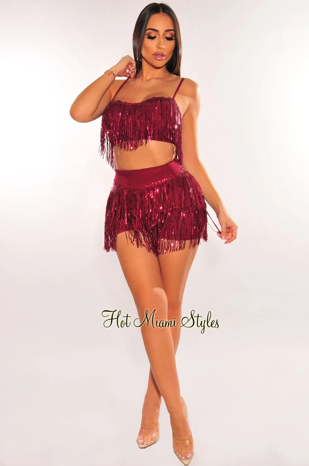 Wine Flowing Sequins Bustier Shorts Two Piece Set