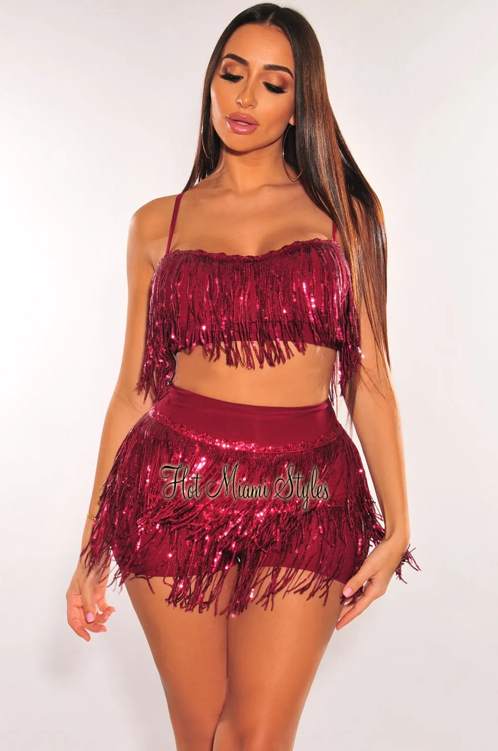Wine Flowing Sequins Bustier Shorts Two Piece Set