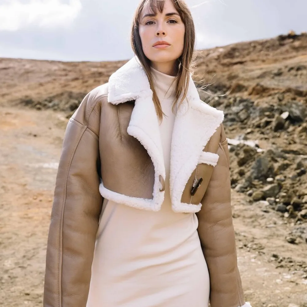 Women B3 Flight Bomber Faux Fur Sheepskin Leather Aviator Jacket